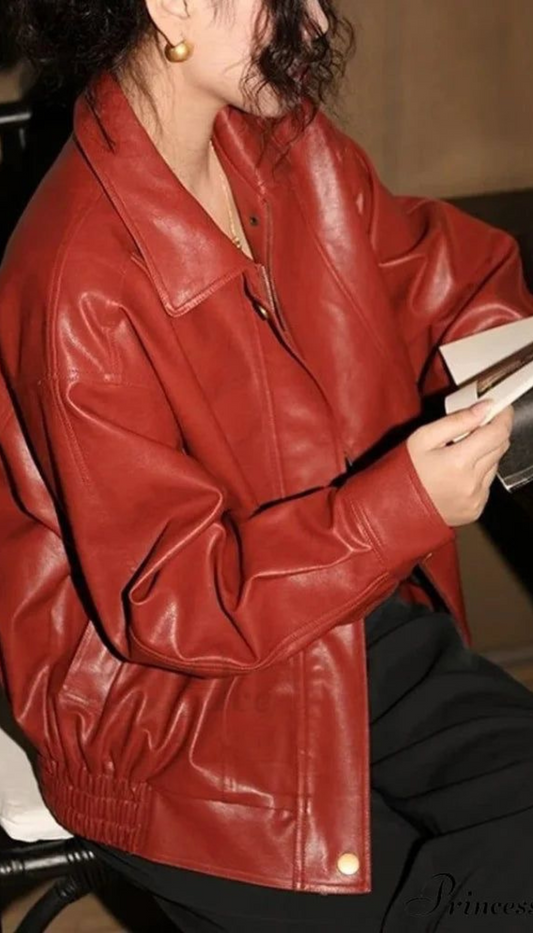 Oversized Wine Red Leather Jacket